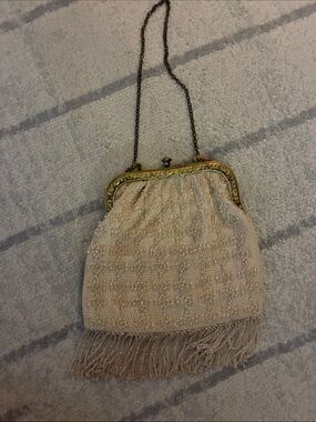 Vintage Beaded Fringe Evening Bag in Cream